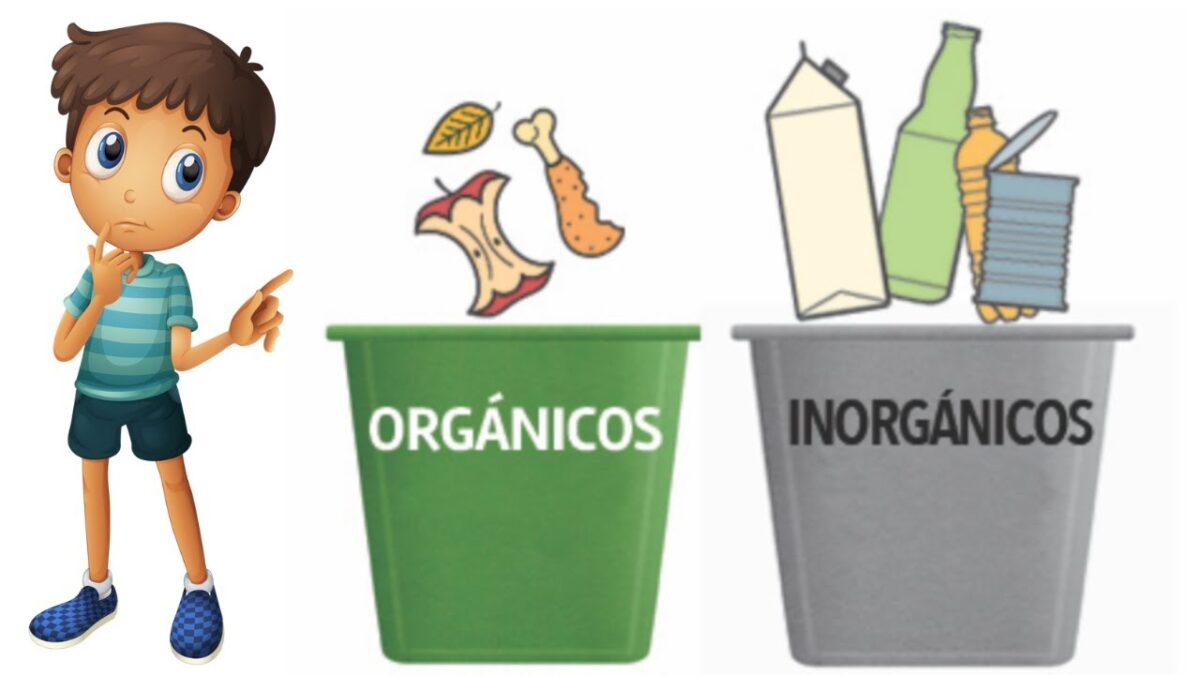 contenedores de basura organica e inorganica niño al lado de dos contenedores de basura organico e inorganica